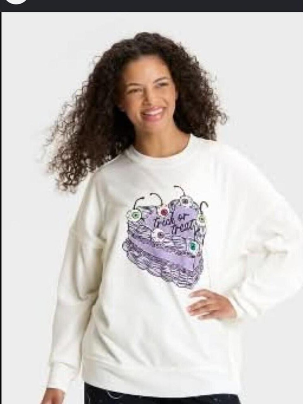 Hide and Eek Boutique  Small Halloween Eyeball Cake Graphic Sweatshirt - White